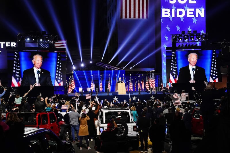 US President-elect Joe Biden  delivers his victory address after being declared the winner in the 2020 presidential election in Wilmington, Delaware.  EPA