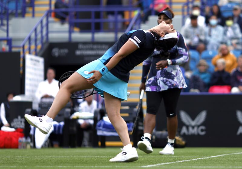 Ons Jabeur reacts in her round of 16 doubles match with Serena Williams. PA