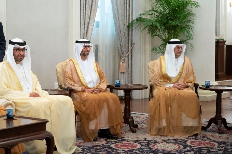 SINGAPORE, SINGAPORE - February 28, 2019: (L-R) HE Dr Sultan Ahmed Al Jaber, UAE Minister of State, Chairman of Masdar and CEO of ADNOC Group, HE Suhail bin Mohamed Faraj Faris Al Mazrouei, UAE Minister of Energy, and HE Dr Anwar bin Mohamed Gargash, UAE Minister of State for Foreign Affairs, attend a meeting HE Halimah Yacob, President of Singapore (not shown), during a reception at the Istana presidential palace.
( Ryan Carter / Ministry of Presidential Affairs )