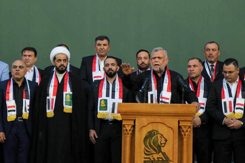 Hadi al-Amiri leader of the Badr Organisation attends an election rally, along with his Fatih bloc supporters, ahead of the parliamentary election in Baghdad, Iraq October 5, 2021. REUTERS/Ahmed Saad