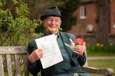 PRINCES RISBOROUGH, UNITED KINGDOM - MARCH 31: In this handout photo provided by Buckingham Palace, Malcolm Cloutt from Princes Risborough, Buckinghamshire, a veteran Second World War RAF pilot who served in Europe and Burma and turned 100 last year, and who is among this years recipients of Maundy money,  poses for a photo on March 31, 202 in Princes Risborough, United Kingdom. This year there are 190 Royal Maundy recipients who have been recognised by their dioceses for their outstanding contributions to their local church and community life. Queen Elizabeth II has written to those she would have presented with symbolic coins during the annual Royal Maundy service, but who instead have received the gift by post after the event was cancelled for the second year running due to coronavirus restrictions. (Photo by Dominic Lipinski -Buckingham Palace via Getty Images)