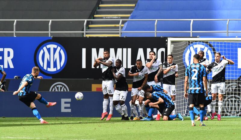Inter's Christian Eriksen scores their second goal from a free-kick. Reuters