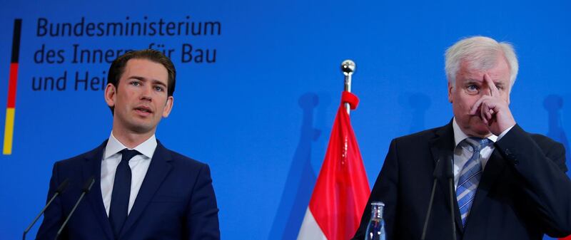 German Interior Minister Horst Seehofer and Austria's chancellor Sebastian Kurz attend a news conference in Berlin, Germany, June 13, 2018. REUTERS/Joachim Herrmann