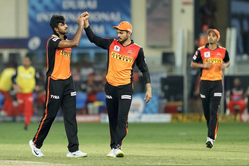 The Sunrisers Hyderabad celebrates the wicket of Devdutt Padikkal of Royal Challengers Bangalore during match 3 of season 13 Dream 11 Indian Premier League (IPL) between Sunrisers Hyderabad and Royal Challengers Bangalore held at the Dubai International Cricket Stadium, Dubai in the United Arab Emirates on the 21st September 2020.  Photo by: Saikat Das  / Sportzpics for BCCI