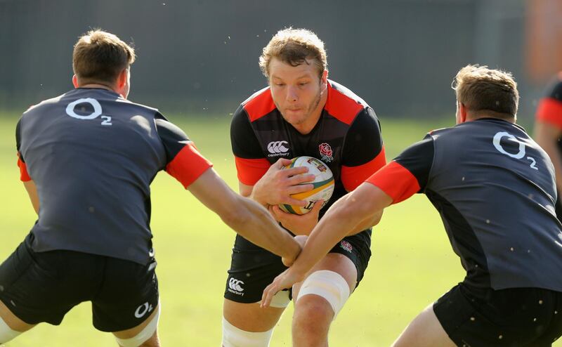 DURBAN, SOUTH AFRICA - JUNE 19:  Joe Launchbury charges upfield during the England training session held at Kings Park on June 19, 2018 in Durban, South Africa.  (Photo by David Rogers/Getty Images)