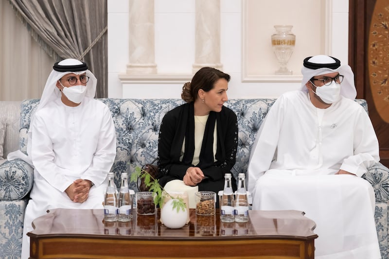 From right: Dr Sultan Al Jaber, Minister of Industry and Advanced Technology, group chief executive of Adnoc and chairman of Masdar; Mariam bint Mohammed Saeed Al Mheiri, Minister of Climate Change and Environment; and Suhail bin Mohamed Al Mazrouei, Minister of Energy and Infrastructure.
