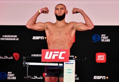 ABU DHABI, UNITED ARAB EMIRATES - JULY 24: In this handout image provided by UFC,  Khamzat Chimaev of Czechia poses on the scale during the UFC Fight Night weigh-in inside Flash Forum on UFC Fight Island on July 24, 2020 in Yas Island, Abu Dhabi, United Arab Emirates. (Photo by Jeff Bottari/Zuffa LLC via Getty Images)