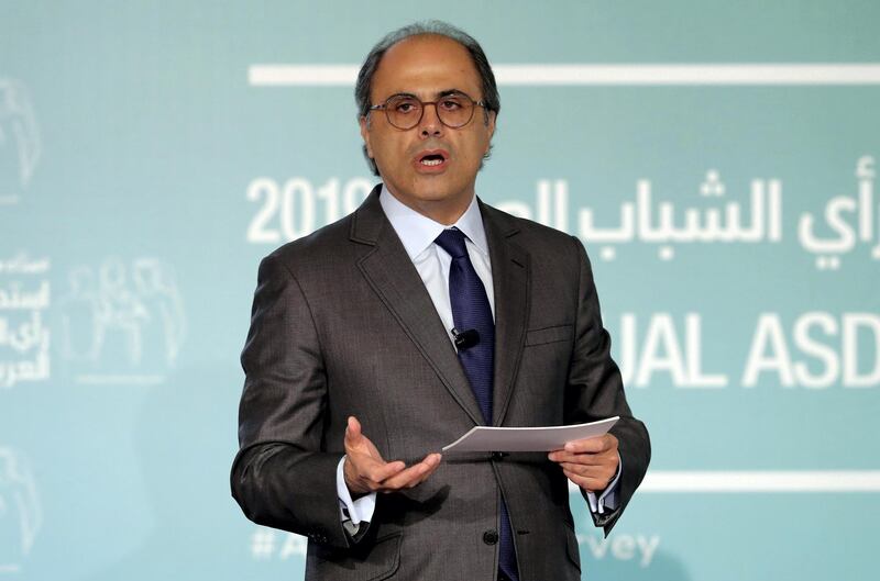 Dubai, United Arab Emirates - April 30, 2019: Jihad Azour, Director, Middle East and Central Asia Department
International Monetary Fund presents the keynote speech at the 11th annual Arab Youth Survey. Tuesday the 30th of April 2019. DIFC, Dubai. Chris Whiteoak / The National