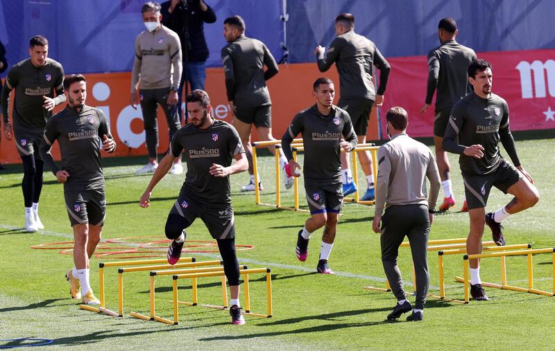 Atletico Madrid players attend their team's training session at Sports City in Majadahonda, Madrid. Atletico Madrid will face SD Huesca in La Liga on 22 April 2021. EPA