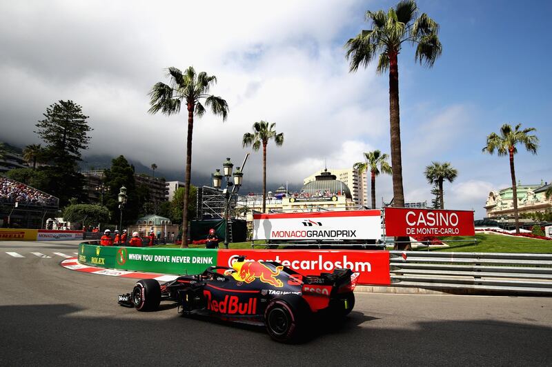 MONTE-CARLO, MONACO - MAY 24: Daniel Ricciardo of Australia driving the (3) Aston Martin Red Bull Racing RB14 TAG Heuer on track during practice for the Monaco Formula One Grand Prix at Circuit de Monaco on May 24, 2018 in Monte-Carlo, Monaco.  (Photo by Mark Thompson/Getty Images)