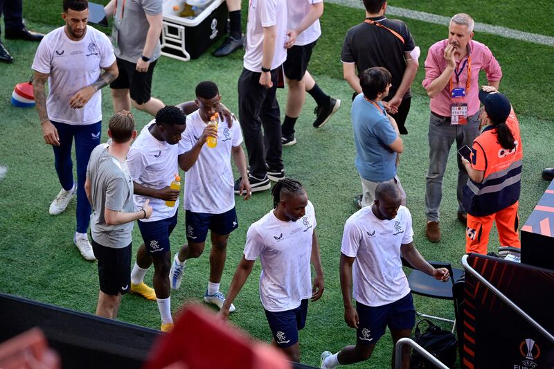 Rangers players after a training session on the eve of the Europa League final match against Eintracht Frankfurt. AFP