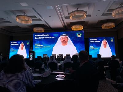 An AI-generated video featured an avatar of Lt Gen Rashid Al Matrooshi, director general of Dubai Civil Defence, welcomes delegates to the fire safety conference. Ali Al Shouk / The National