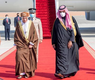 epa08919723 A handout photo made available by the Saudi Royal Court shows Saudi Arabia's Crown Prince Mohammed bin Salman (R) welcoming Deputy Prime Minister for the Council of Ministers' Affairs of the Sultanate of Oman Sayyid Fahd bin Mahmoud al Said (L) upon his arrival to attend the 41st annual six-member Gulf Cooperation Council (GCC) Summit at Al-Ula, some 1,040km East of Riyadh, Saudi Arabia, 05 January 2021. According to official Saudi sources, the 41st GCC Summit organized by Saudi Arabia on 05 January, will aim at unifying the path of Gulf countries. Saudi Arabia has announced the reopening of its border with Qatar on 04 January evening. Qatar had been imposed with a diplomatic and travel boycott by Saudi Arabia and allies since 2017.  EPA/BANDAR ALJALOUD/SAUDI ROYAL COURT HANDOUT  HANDOUT EDITORIAL USE ONLY/NO SALES