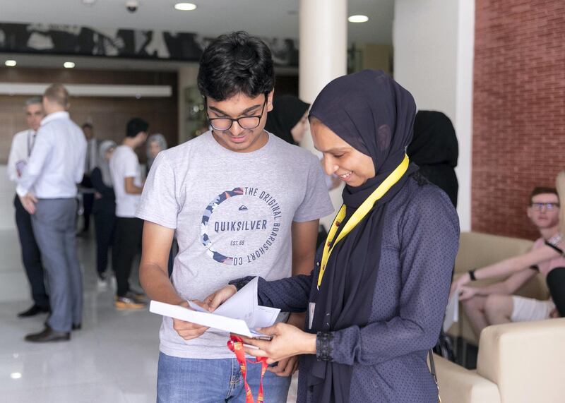 DUBAI, UNITED ARAB EMIRATES. 22 AUGUST 2019. 
Zain Saquib looks at his GCSE results with his mother, Farheen, at King’s School Al Barsha.
(Photo: Reem Mohammed/The National)

Reporter:
Section: