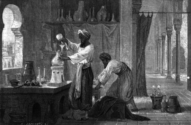 Abu Bakr Al Hazi Rhazes (AD867-925), also known as Razi, a Persian doctor and alchemist in his laboratory in Baghdad, as imagined in a French engraving of 1867. Hulton Archive / Getty Images / May 2014