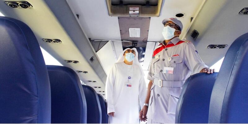 An RTA team carry out a safety inspection on a Dubai school bus. Courtesy: Wam