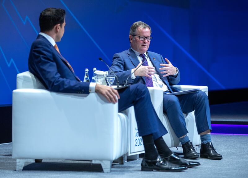 Yousef Gamal El Din, anchor of Bloomberg, and Russell Hardy, chief executive at Vitol, during a session on 'Trading Spotlight: The Diversification of Energy Markets'.