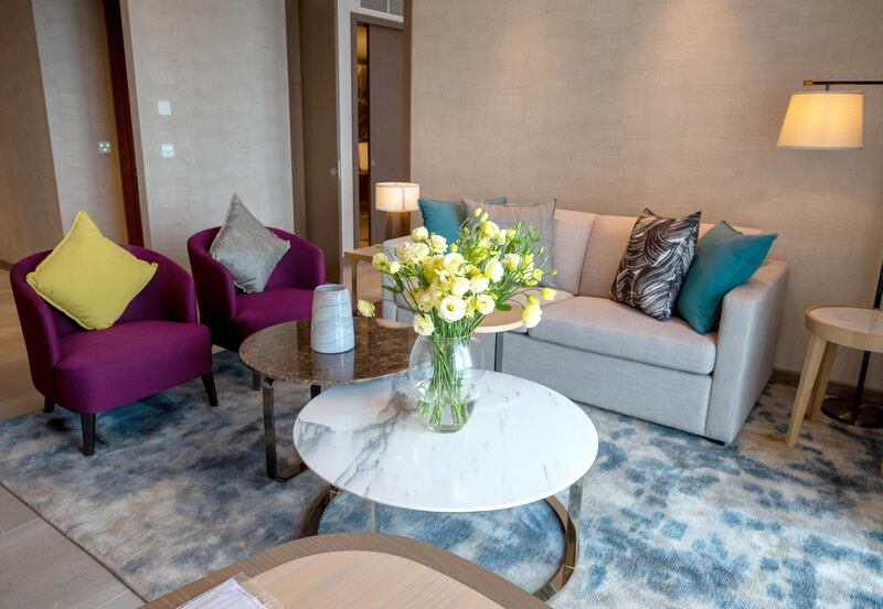 Abu Dhabi, United Arab Emirates, February 18, 2021. First-look pictures of the new Hilton Abu Dhabi Yas Island.  Deluxe two-bedroom suite.  
Victor Besa/The National 
Section:  LF
Reporter:  Hayley Skirka