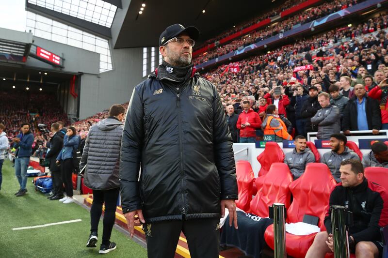 LIVERPOOL, ENGLAND - MAY 07:  Jurgen Klopp, Manager of Liverpool looks on prior to the UEFA Champions League Semi Final second leg match between Liverpool and Barcelona at Anfield on May 07, 2019 in Liverpool, England. (Photo by Clive Brunskill/Getty Images)