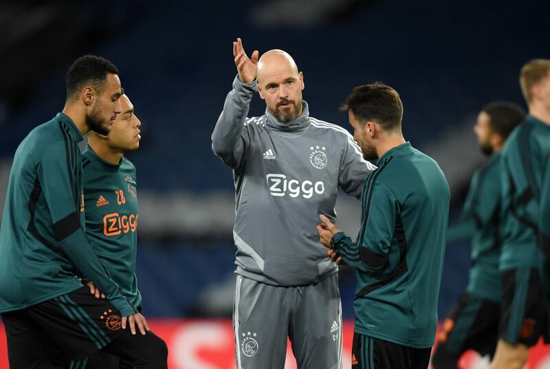 LONDON, ENGLAND - NOVEMBER 04: Erik Ten Hag, Manager of Ajax gives his team instructions during a training session ahead of their UEFA Champions League Group H match against Chelsea at Stamford Bridge on November 04, 2019 in London, England. (Photo by Mike Hewitt/Getty Images)