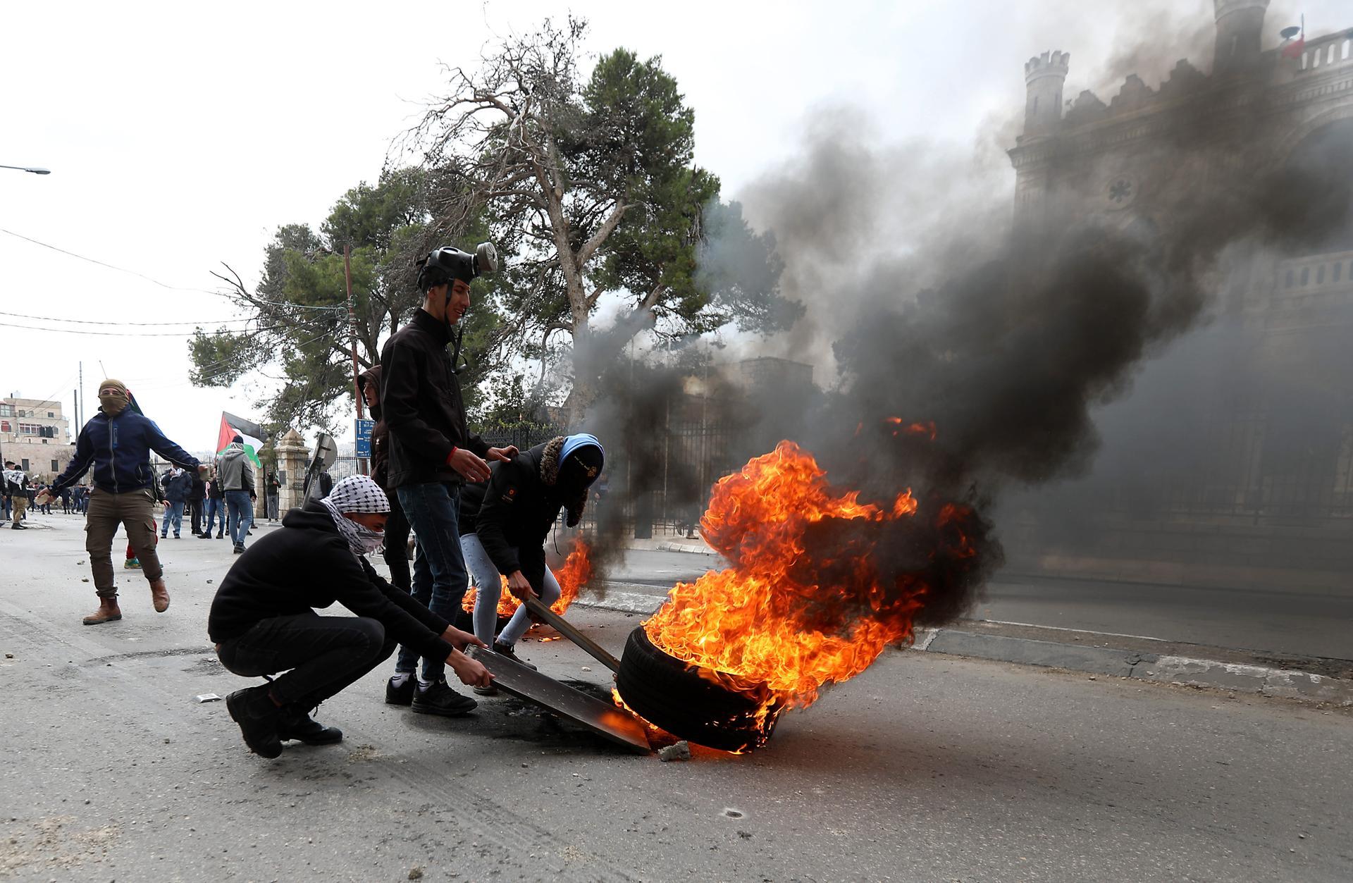 Palestinians clash with Israeli security forces following a protest in the West Bank city of Bethlehem, 29 January 2020. EPA