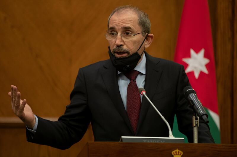 Jordan's Foreign Minister Ayman Safadi speaks during a joint news conference with  Spain's Foreign Affair Minister Arancha Gonzalez Laya  (not pictured) at the Foreign Ministry in Amman, Jordan October 1, 2020. Andre Pain/Pool via REUTERS