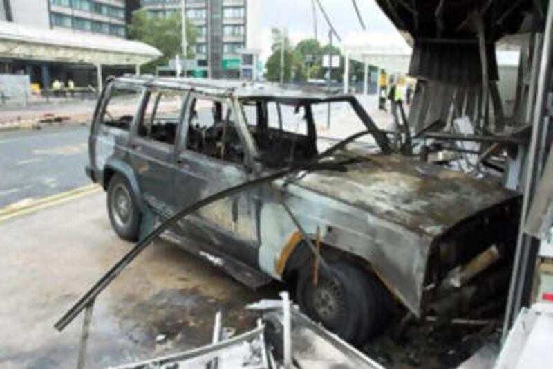 The burnt out wreckage of a Jeep Cherokee, which was used in a terrorist attack on Glasgow Airport, Scotland, in June 2007.