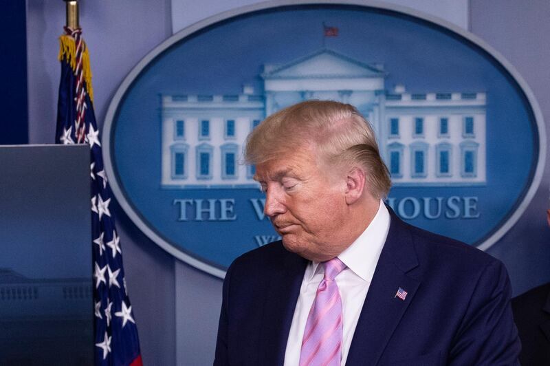 President Donald Trump departs after speaking about the coronavirus in the James Brady Press Briefing Room of the White House, Wednesday, April 1, 2020, in Washington. (AP Photo/Alex Brandon)