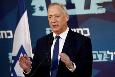 Benny Gantz, leader of Blue and White party, delivers a statement in Tel Aviv, Israel, on Saturday. Reuters