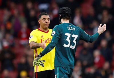 Soccer Football - Premier League - Arsenal vs Watford - Emirates Stadium, London, Britain - March 11, 2018   Watford's Troy Deeney and Arsenal's Petr Cech at the end of the match   REUTERS/Eddie Keogh    EDITORIAL USE ONLY. No use with unauthorized audio, video, data, fixture lists, club/league logos or "live" services. Online in-match use limited to 75 images, no video emulation. No use in betting, games or single club/league/player publications.  Please contact your account representative for further details.