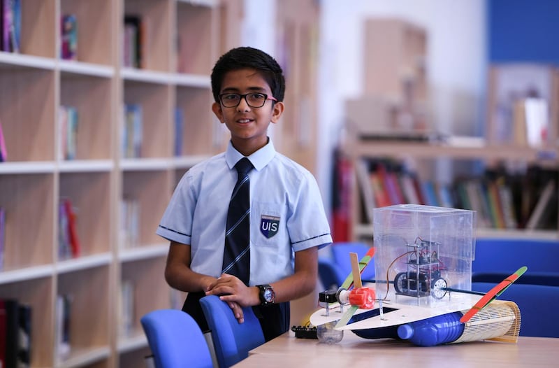 Abu Dhabi, United Arab Emirates - Sainath Manikandan, 11 has designed a robot to collect plastic from the sea at Gems United Indian School in Baniyas. Khushnum Bhandari for The National
