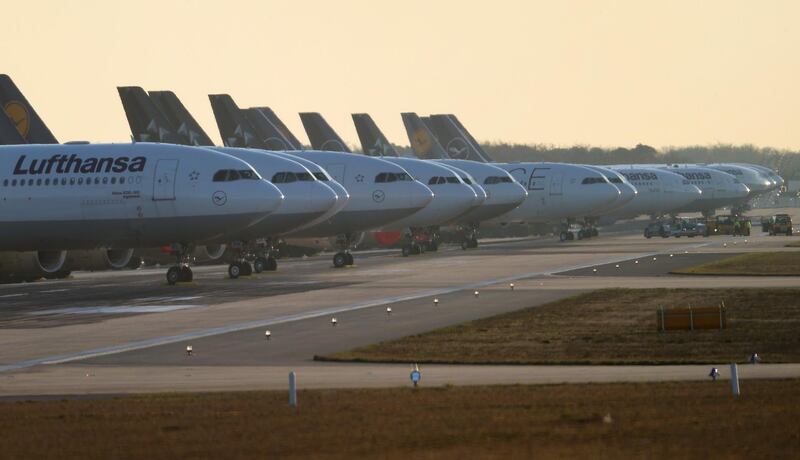 Planes of the German carrier Lufthansa are parked on a closed runway at the airport in Frankfurt, Germany. Reuters