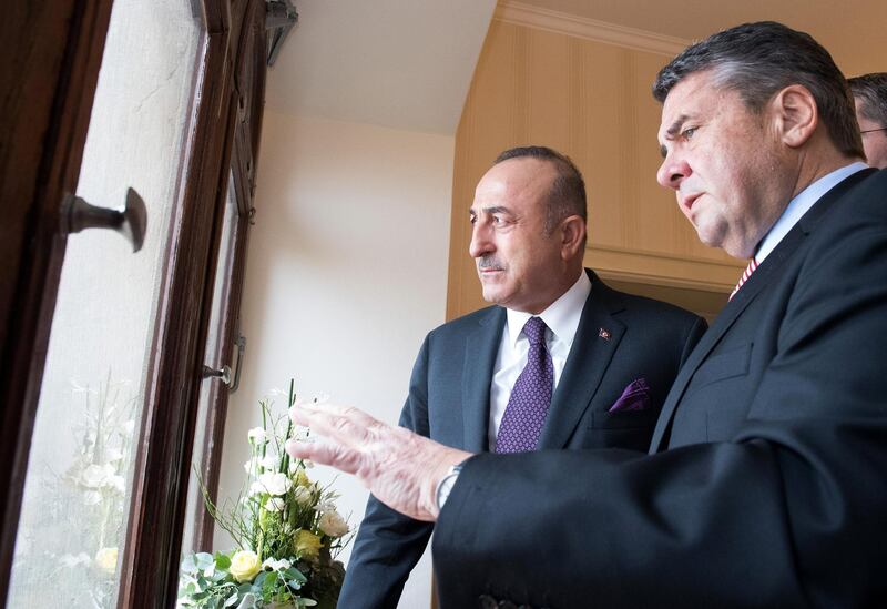 Turkish Foreign Minister Mevlut Cavusoglu and German Foreign Minister Sigmar Gabriel talk in Goslar, Germany, January 6, 2018. REUTERS/Sven Pfoertner/POOL
