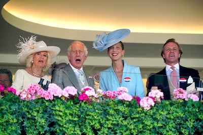 Britain's King Charles III, second left, Queen Camilla, Lady Gabriella Kingston and Thomas Kingston at Royal Ascot in 2023. AP