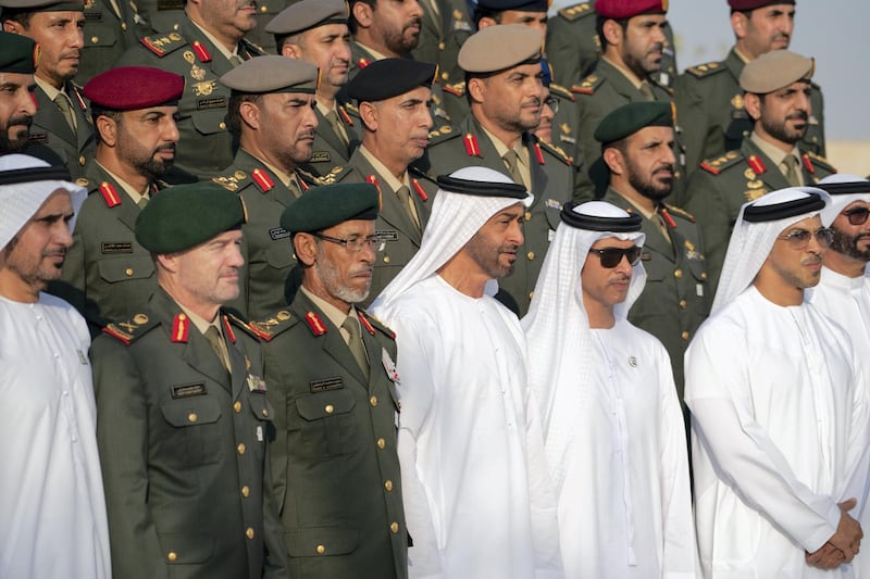MAHWI, ABU DHABI, UNITED ARAB EMIRATES - September 04, 2019: HH Sheikh Mohamed bin Zayed Al Nahyan, Crown Prince of Abu Dhabi and Deputy Supreme Commander of the UAE Armed Forces (front row 4th L), stands for a photograph, during the inauguration of the Presidential Guard Martyrs Park, at Mahwi Military Camp. Seen with Major General Mike Hindmarsh, Commander of the UAE Presidential Guard (front row 2nd L), HE Lt General Hamad Thani Al Romaithi, Chief of Staff UAE Armed Forces (front row 3rd L), HH Sheikh Hazza bin Zayed Al Nahyan, Vice Chairman of the Abu Dhabi Executive Council (front row 5th L) and HH Sheikh Mansour bin Zayed Al Nahyan, UAE Deputy Prime Minister and Minister of Presidential Affairs (front row R).

( Mohamed Al Hammadi / Ministry of Presidential Affairs )
---