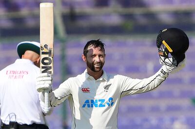 New Zealand's Devon Conway celebrates after scoring a century against Pakistan in Karachi. AFP