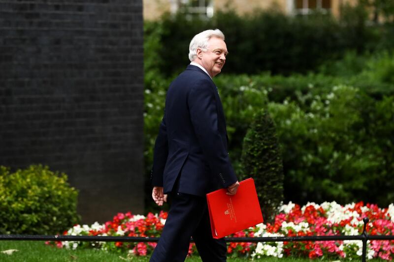 David Davis, U.K. exiting the European Union (EU) secretary, leaves after attending a meeting of cabinet minsters at number 10 Downing Street in London, U.K., on Tuesday, June 5, 2018. U.K. businesses told Prime Minister Theresa May to get on with taking key Brexit decisions as companies start putting their contingency plans in place, according to a person at a meeting at her London office on Monday. Photographer: Simon Dawson/Bloomberg