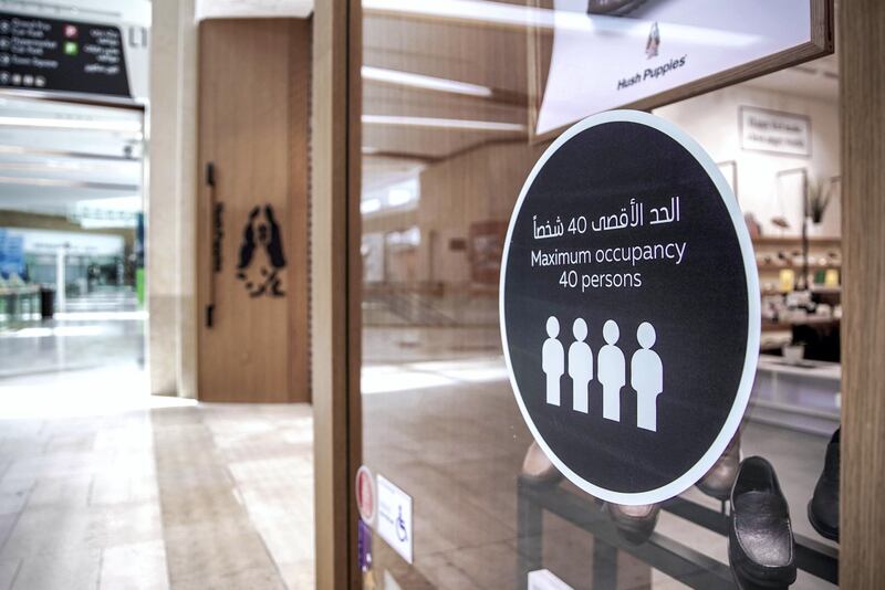 Abu Dhabi, United Arab Emirates, April 30, 2020.  Abu Dhabi officials on Wednesday said they were considering reopening malls soon, as they began a consultation with traders.  Yas Mall social distancing signs around the mall.
Victor Besa / The National
Section:  NA
For:  Standalone/Stock Images