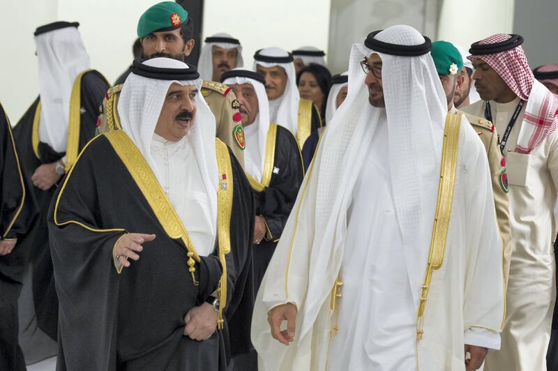 SAADIYAT ISLAND, ABU DHABI, UNITED ARAB EMIRATES -November 08, 2017: HH Sheikh Mohamed bin Zayed Al Nahyan Crown Prince of Abu Dhabi Deputy Supreme Commander of the UAE Armed Forces (R) and HM King Hamad bin Isa Al Khalifa, King of Bahrain (L) arrive for the opening ceremony of the Louvre Abu Dhabi.

( Omar Al Askar  for The Crown Prince Court - Abu Dhabi )
---