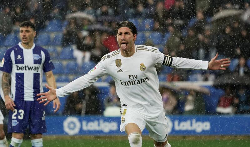 Real Madrid's Sergio Ramos celebrates scoring their first goal. Reuters
