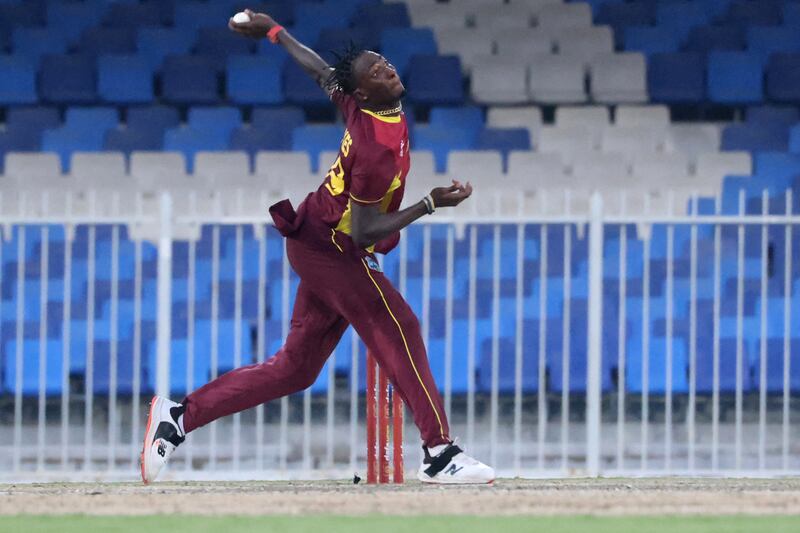 West Indies' Dominic Drakes bowls during the first ODI against the UAE in Sharjah on Sunday, June 4, 2023. AFP