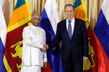 Sri Lanka's Foreign Minister Dinesh Gunawardena and Russian Minister of Foreign Affairs Sergey Lavrov shake hands during a meeting at the Ministry of Foreign Affairs in Colombo. EPA