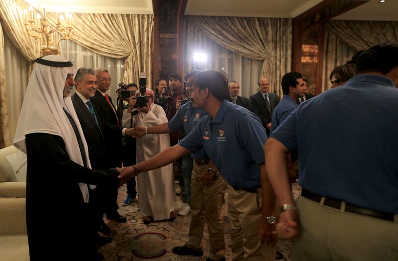 ABU DHABI - UNITED ARAB EMIRATES - 18FEB2014 - Sheikh Nahyan Bin Mubarak Al Nahyan, Chairman of the Emirates Cricket Board and Minister of Culture, Youth and Community Development receiving UAE cricket team for qualifying for the 2015 World Cup yesterday at Bateen Palace in Abu Dhabi. Ravindranath K / The National (to go with Usman article for Sports)
