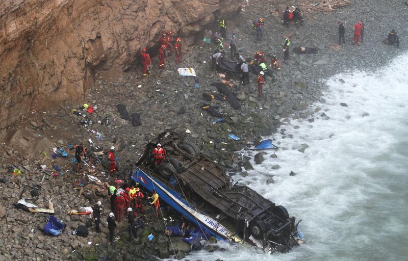 Rescuers attend to survivors after a passenger bus plunged off the Pan-American Highway North, about 45 kilometers from Lima, Peru. EPA