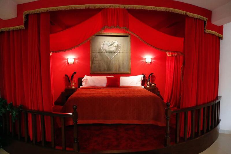 The presidential suite at street artist Banksy’s newly opened Walled Off hotel. Thomas Coex / AFP