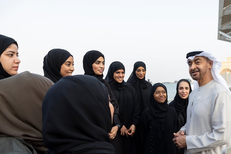 The UAE Army Women's mountaineering team with President Sheikh Mohamed during a Sea Palace barza. Credit: UAE Presidential Court