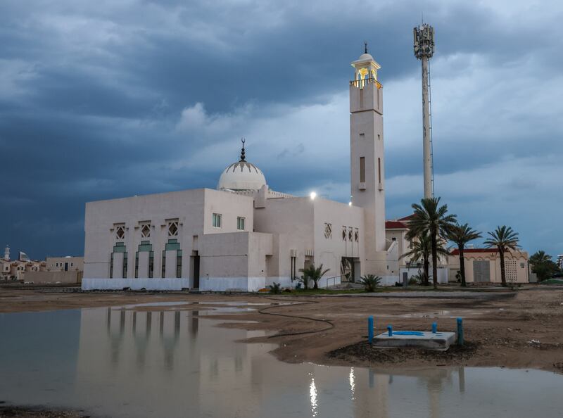 Gloomy skies after heavy rain and strong winds at Khalifa City, Al Haq Mosque, Abu Dhabi. Victor Besa / The National
