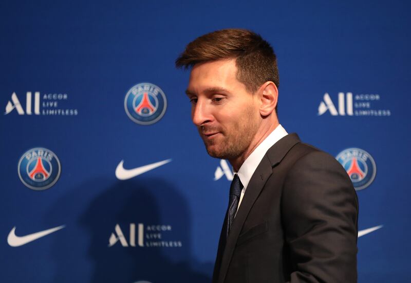 Lionel Messi arrives for his press conference to unveil him as a PSG player.