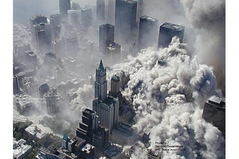 Dust clouds engulf downtown Manhattan as one of the World Trade Center towers collapses on September 11, 2001. Previously unseen photographs taken by a helicopter unit of the New York City Police Department were obtained by the ABC News organisation under the Freedom of Information Act.
