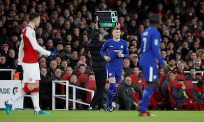 Soccer Football - Carabao Cup Semi Final Second Leg - Arsenal vs Chelsea - Emirates Stadium, London, Britain - January 24, 2018   Chelsea’s Ross Barkley comes on as a substitute to replace Willian (not pictured)   REUTERS/David Klein    EDITORIAL USE ONLY. No use with unauthorized audio, video, data, fixture lists, club/league logos or "live" services. Online in-match use limited to 75 images, no video emulation. No use in betting, games or single club/league/player publications. Please contact your account representative for further details.